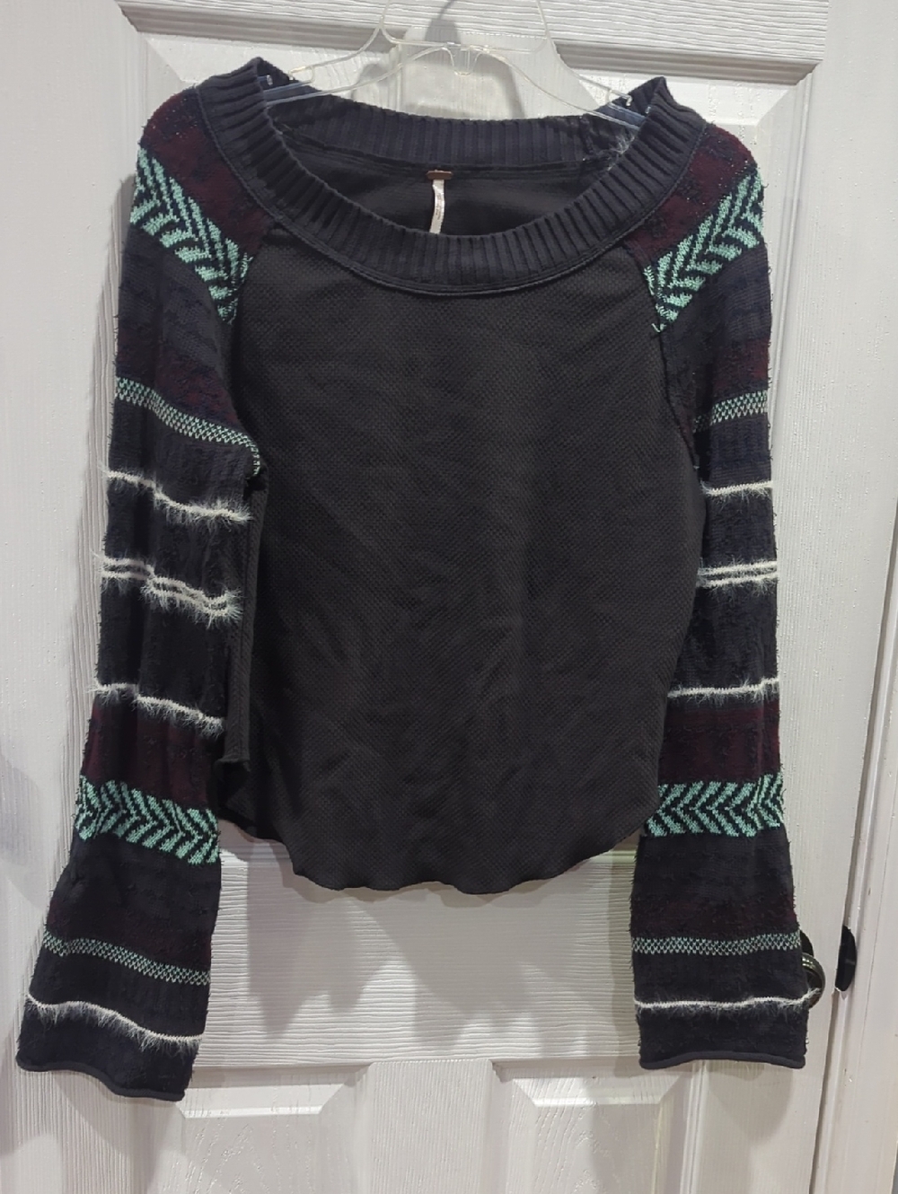 Free People Grey Burgundy Blue Fairground Thermal Bell Sleeve Top Size Medium